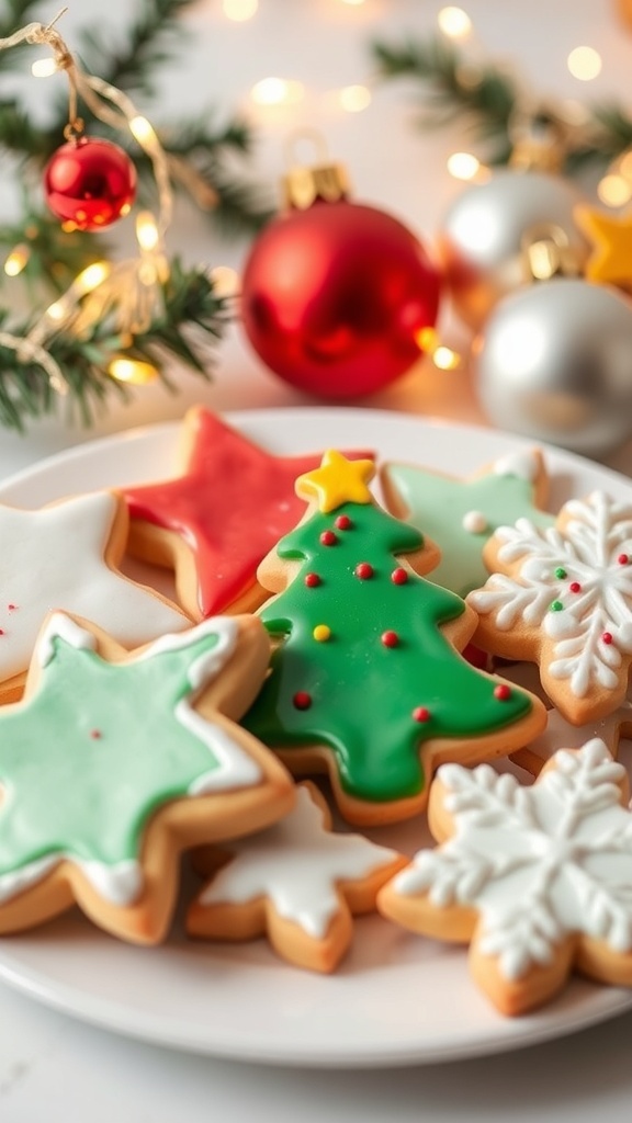 A plate of colorful Christmas sugar cookies in festive shapes, decorated with icing and sprinkles.